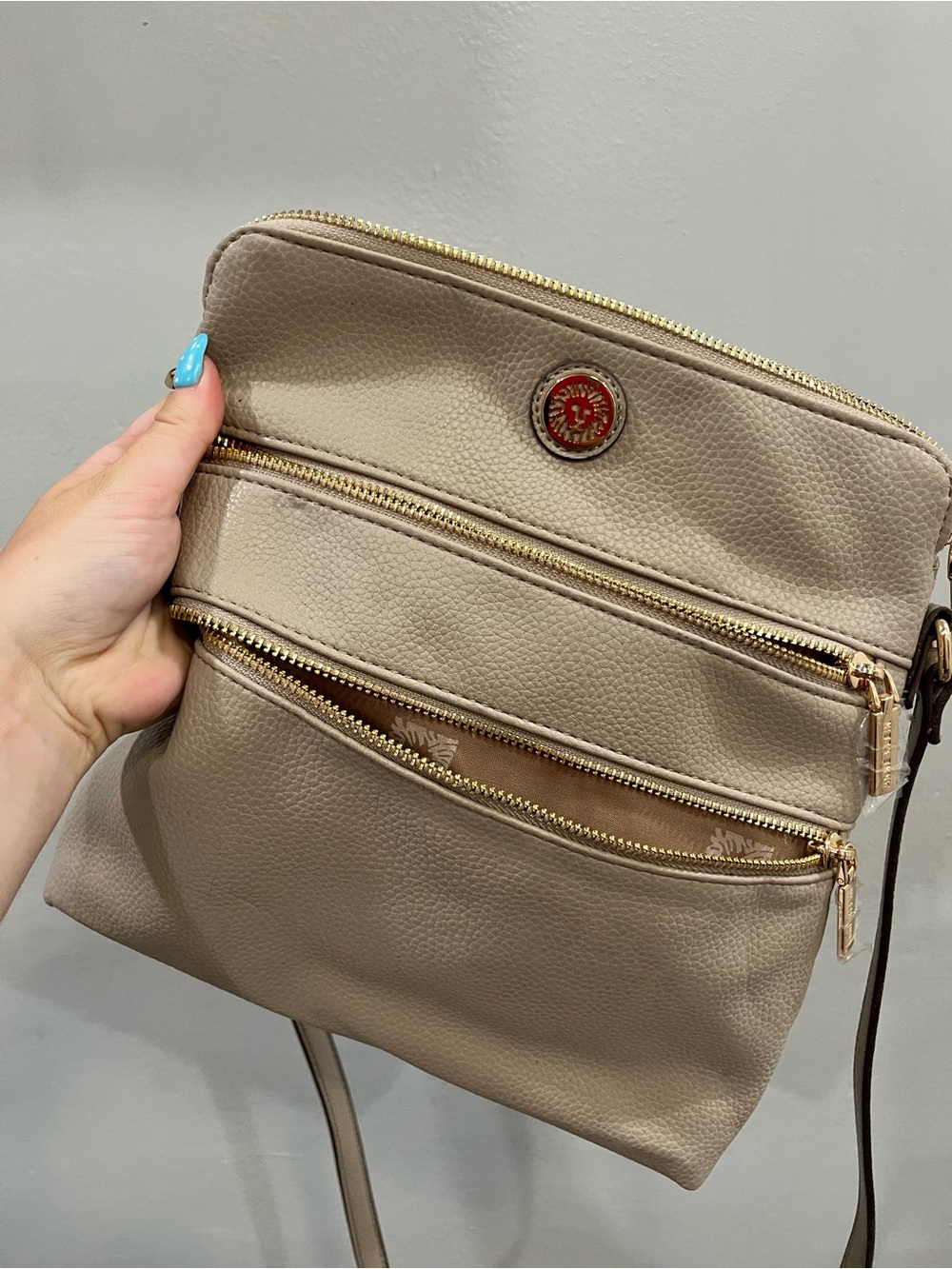 Taupe Crossbody Organizer Bag with Gold Hardware